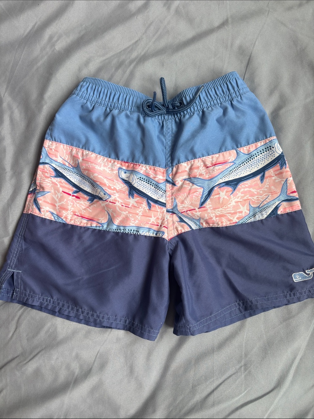 Vineyard Vines Boys Two-Tone Blue Swim Trunks with Pink Fish Print